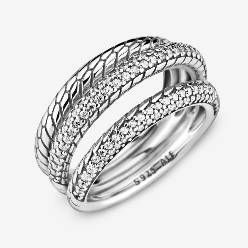 Pandora Triple Band Pavé Snake Chain Pattern Statement Rings Sterling Silver | 210-GOPSHC