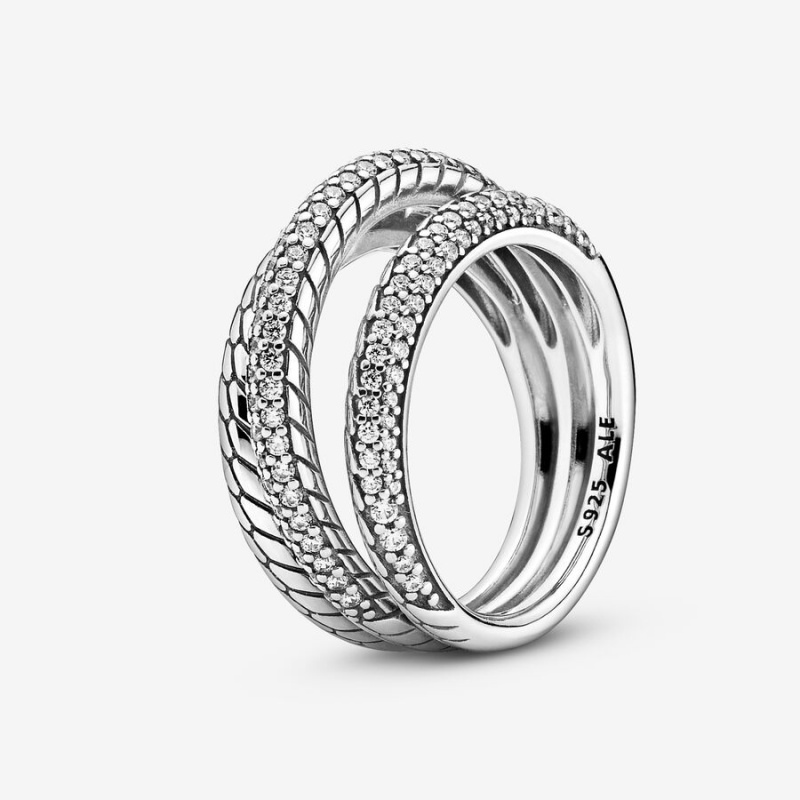 Pandora Triple Band Pavé Snake Chain Pattern Statement Rings Sterling Silver | 210-GOPSHC