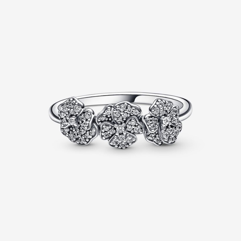 Pandora Triple Pansy Flower Statement Rings Sterling Silver | 805-GYFUKX