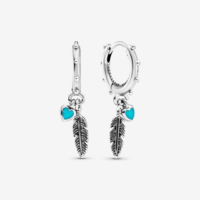 Pandora Turquoise Hearts and Feather Drop Earrings Sterling Silver | 581-ISVPQO